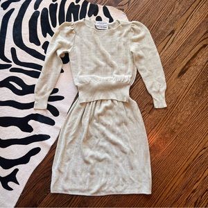 Vintage 1980s Sea Foam Green Puff Sleeve Sweater & Skirt Set